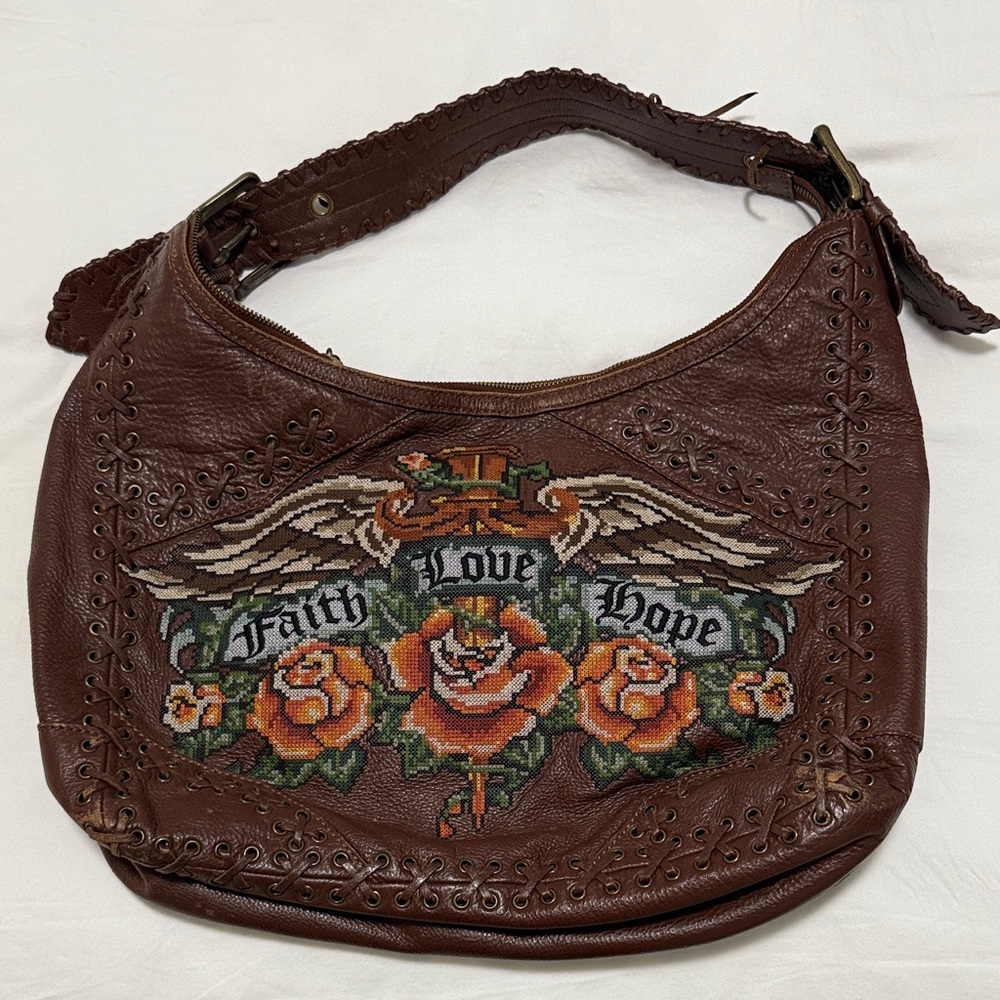 Vintage Isabella Fiore Brown Leather Hobo with Floral Embroidery